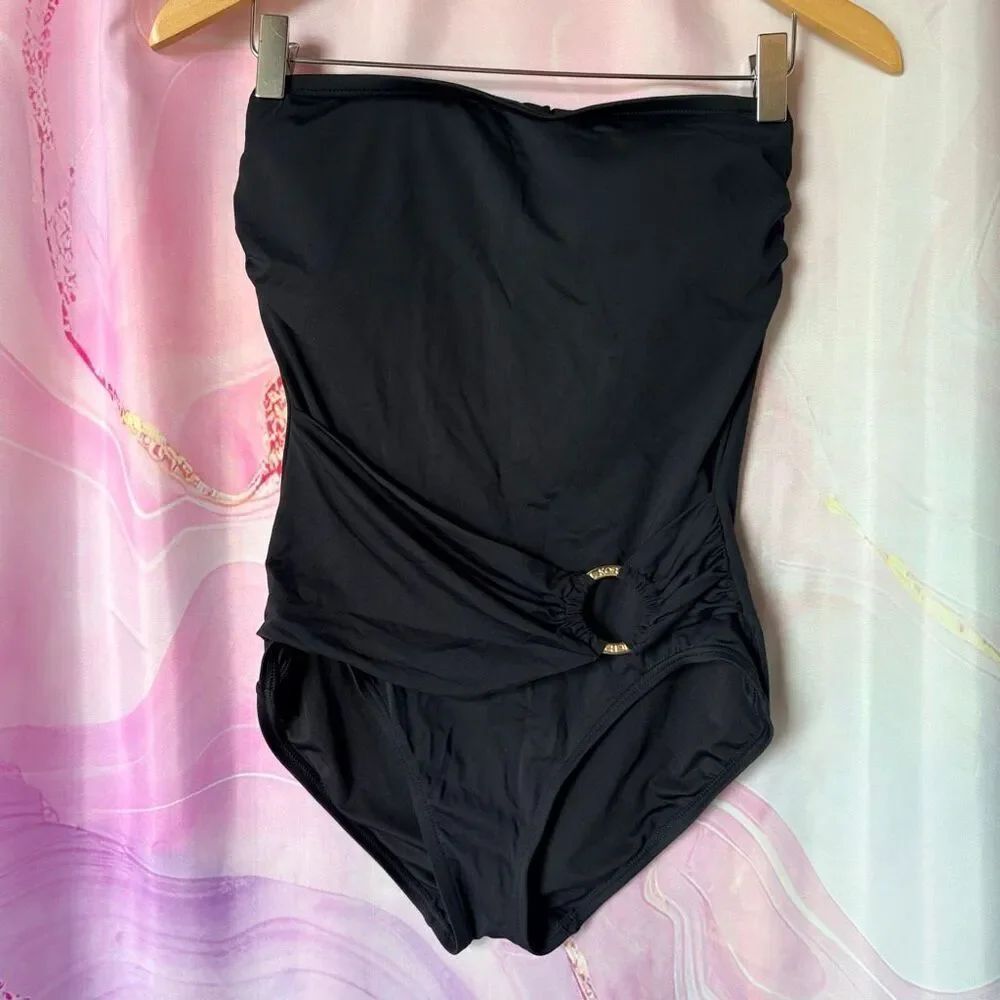 Michael Kors 10 Black Strapless One Piece Swimsuit Preppy Luxury Feminine Ruched